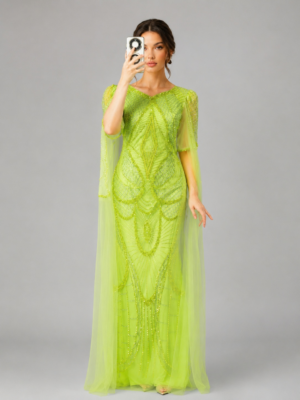 Cape Sleeve Beaded Mermaid Evening Gown