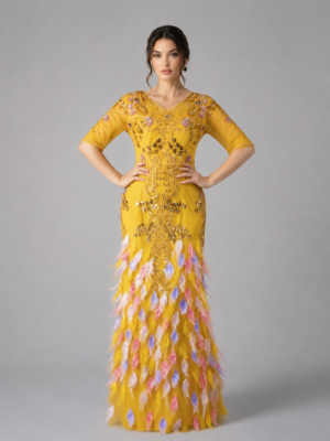 Feather Decorated Beaded Mermaid Evening Dress