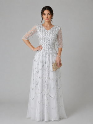 Scalloped Beaded A-Line Evening Dress With Elbow Sleeves