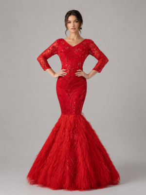 V-Neck Mermaid Gown with Beading & Feather Skirt