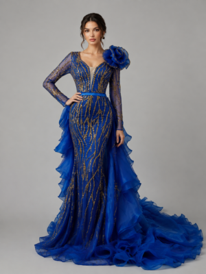 Glitter Embroidered Gala Dress with Ruffle Train