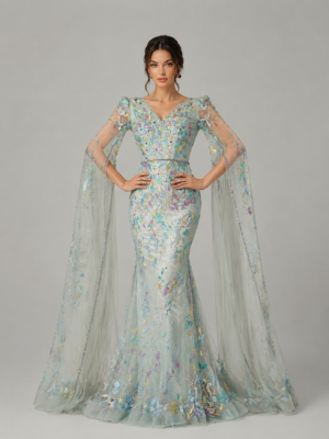 Colorful Floral Mermaid Gala Dress with Cape Sleeves