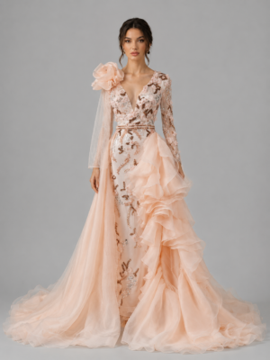 Floral Mermaid Evening Dress with Removable Overskirt