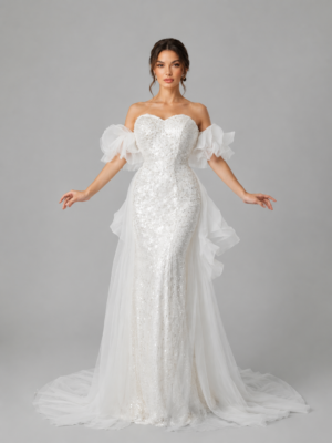 Detachable Sleeve Sequin Mermaid Bridal Gown with Free‑Match Overskirt