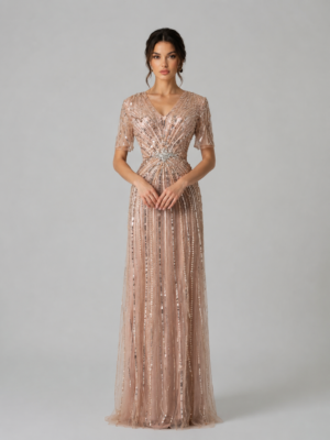 Sparkling Beaded V‑Neck Short Sleeve Evening Gown