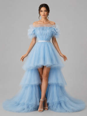 Detachable High‑Low Tulle Evening Gown Off‑the‑Shoulder