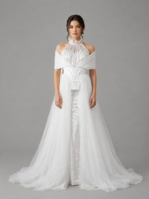 Halter Mermaid Bridal Gown Removable Tulle Overskirt