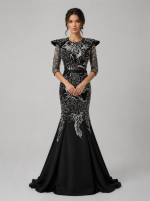 Ruffled Shoulder Silver‑Beaded Mermaid Evening Gown