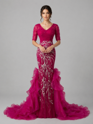 Ruffled Train Embellished Mermaid Formal Gown