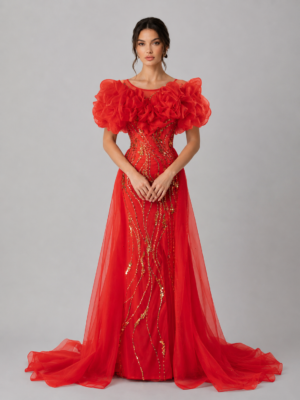 Ruffle‑Sleeve Dual‑Look Beaded Mermaid Gown