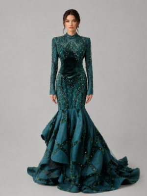 High Neck Beaded Velvet Mermaid Gown