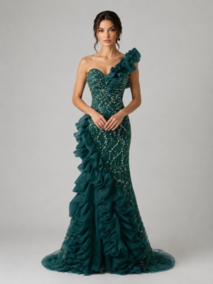 One-Shoulder Ruffled Beaded Mermaid Gala Gown