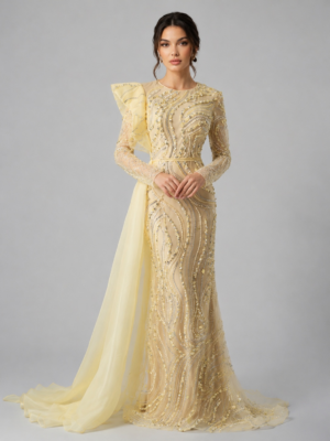 Long Sleeve Beaded Gala Gown with Statement Ruffle
