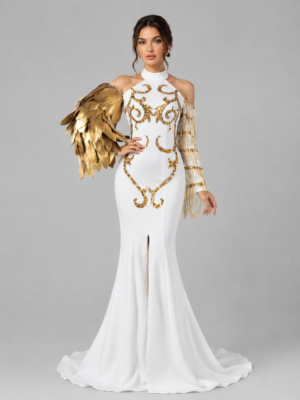 Feather Fringe Sleeve Mermaid Gala Gown