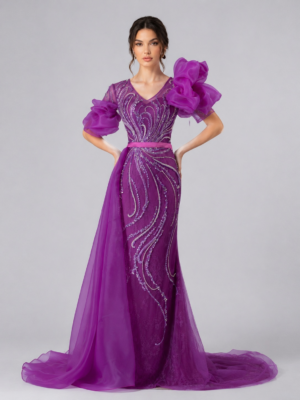Convertible Puff-Sleeve Evening Dress