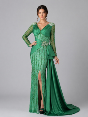 Satin-Bow Beaded Gown with Side Slit
