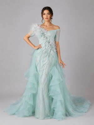 Off-Shoulder Beaded Gown with Removable Train