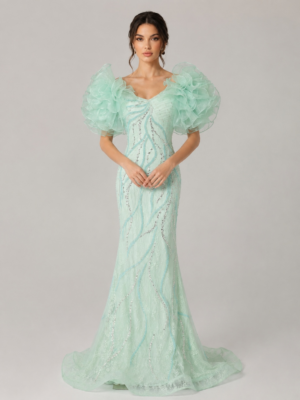 Ruffled Puff‑Sleeve Beaded Mermaid Gown