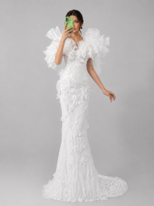 Luxury Ruffle Shoulder Beaded Mermaid Wedding Gown