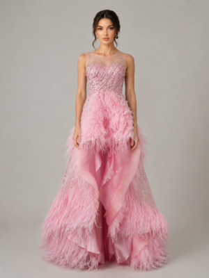 Dreamy Beaded Feather Layered Evening Gown