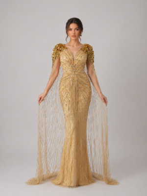 Glam Beaded Cape Mermaid Evening Gown