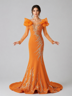 Statement Ruffle Shoulder Beaded Mermaid Evening Gown
