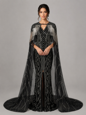 Gatsby Inspired Beaded Evening Gown With Flowing Cape Overlay