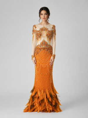 Luxurious Art‑Deco Embellished Evening Gown with Feather Trim