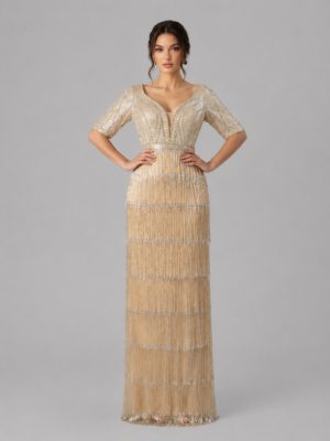 Elbow‑Sleeve Fringe Embellished Evening Dress