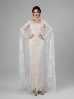 Square Neck Beaded Sheath Gown With Long Cape Sleeves