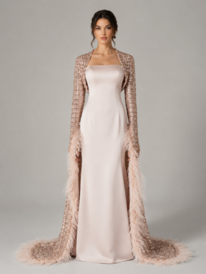 Convertible Satin Gown with Detachable Feather Cape