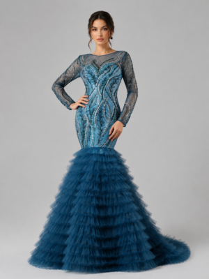 Tiered Ruffle Mermaid Dress with Beading