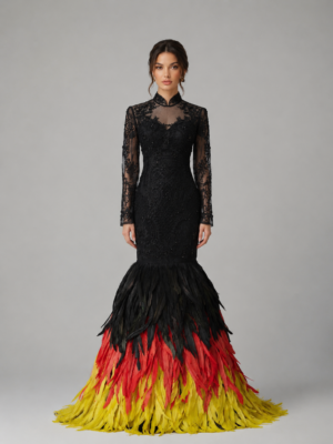 Color Gradient Feather Lace Mermaid Evening Gown
