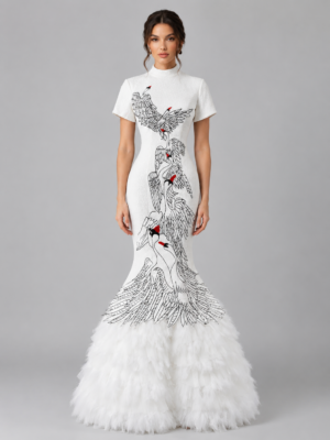 Artistic Crane Embroidered Feather Mermaid Evening Dress