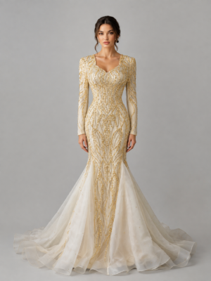 Beaded Sweetheart Neck Long Sleeve Mermaid Evening Gown