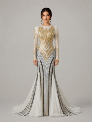 Art‑Deco Inspired Multi‑Tone Beaded Long Sleeve Mermaid Gown