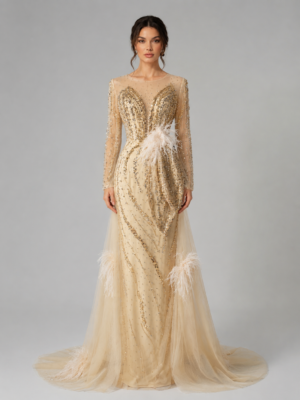 Beaded Feather Mermaid Evening Gown Removable Overskirt