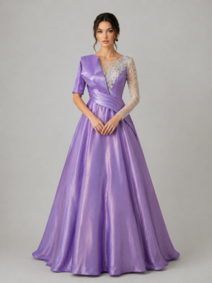 Satin Ball Gown With Embellished Sheer One Sleeve