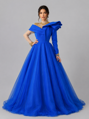 Ornate Embellished Mixed‑Neck Tulle Evening Ball Gown