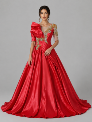 Asymmetrical Sleeve Evening Ball Gown With Train