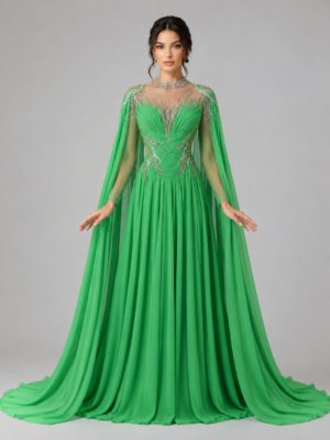 High‑Neck Formal Dress With Dramatic Flowing Cape