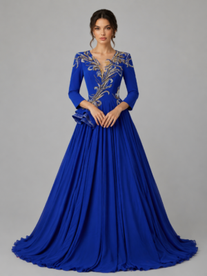 Elegant V‑Neck Formal Gown With Side Ruffle Accent
