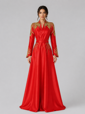 Luxury Embroidered Satin Floor‑Length Gown