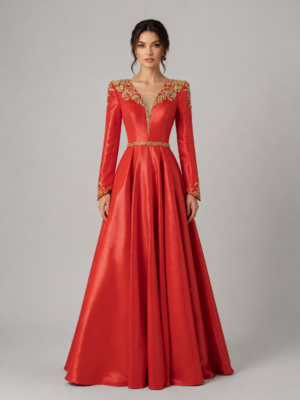 Long Sleeve Formal Ball Gown With Decorative Waist Trim