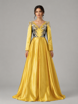 Beaded Feather Motif Satin Formal Ball Gown