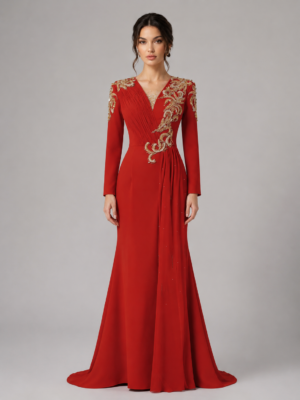 Ornate Beaded Scroll Mermaid Formal Gown With Draped Detail
