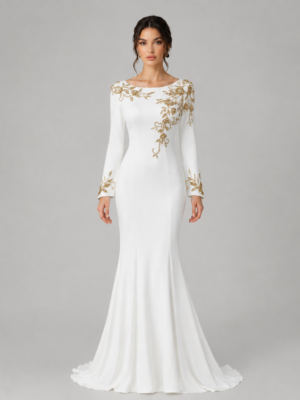 Boat Neck Floral Beading Mermaid Gown