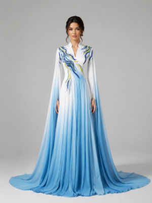 Wavy Beaded Formal Gown With Removable Cape Sleeves