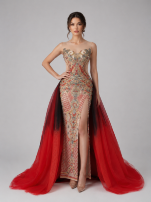Detachable Gradient Overskirt Beaded Mermaid Evening Gown