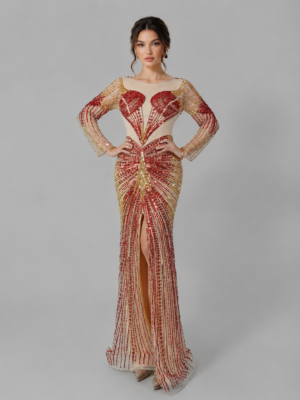 Embellished Mermaid Evening Dress Long Sleeve High Slit